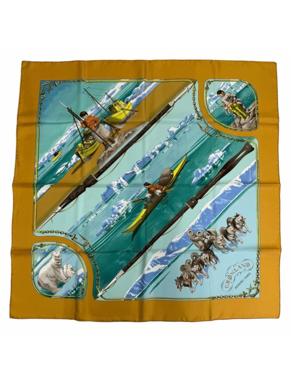 Hermes Carre 90 Gronland Green Land Silk 100% Scarf Yellow